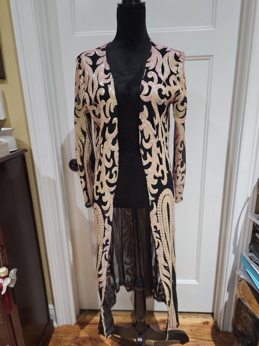 Black Open Long Cardigan with Iridescent Pink Sequin, NWT